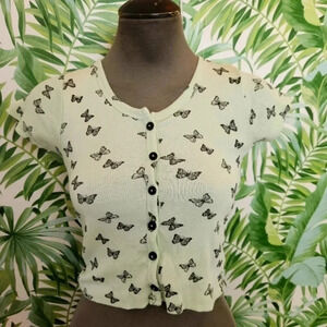 Women's Urban Nation Green Butterfly   V Neck Crop Top